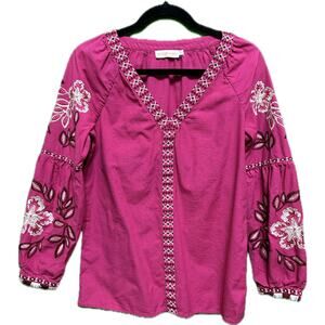Tory Burch Theresa Hibiscus Embroidered Floral Blouse Pink size 2